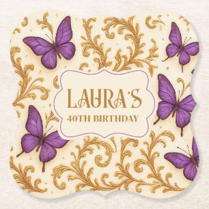 Custom Royal Gold Purple Butterfly Birthday Paper Coaster
