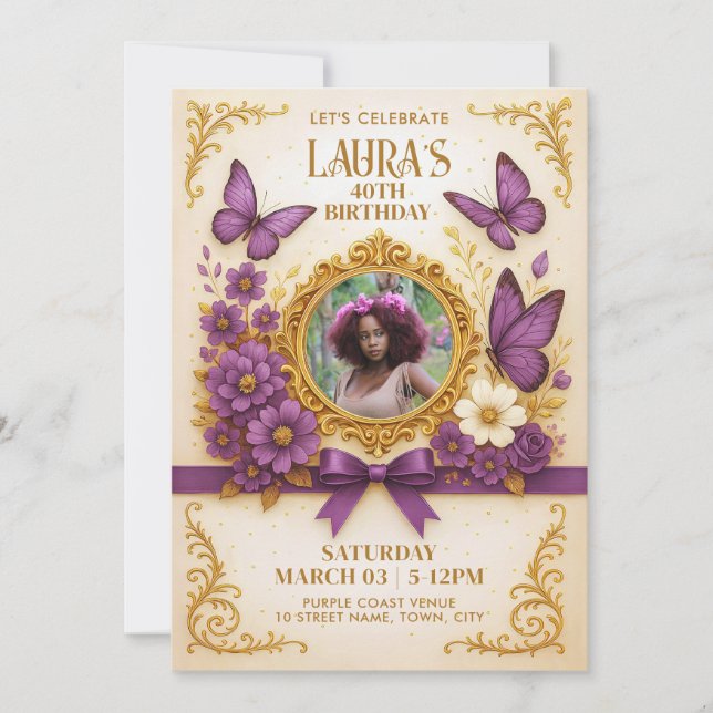 Custom Royal Gold Purple Butterfly Birthday Party Invitation (Front)