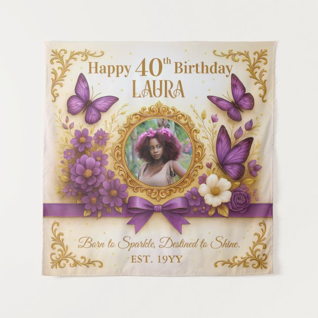 Custom Royal Gold Purple Butterfly Birthday Party Tapestry (Front)