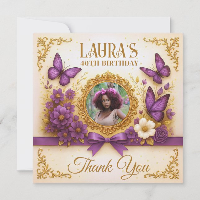 Custom Royal Gold Purple Butterfly Birthday  Thank You Card (Front)