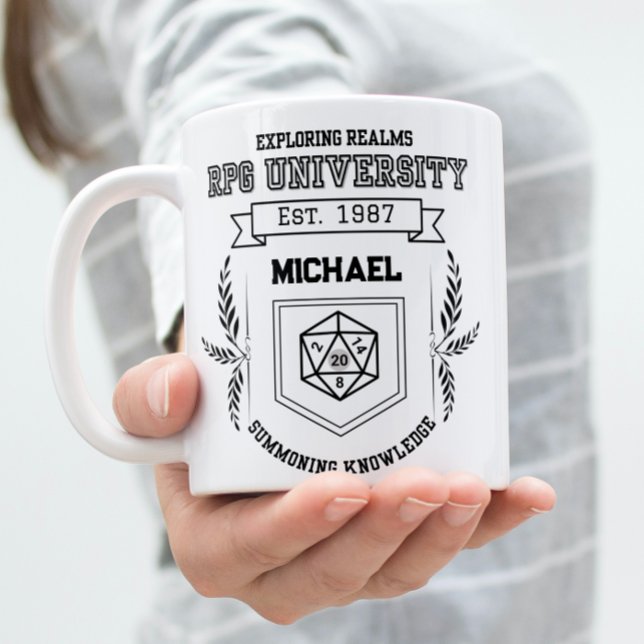 Custom RPG University- Funny RPG Lovers Two-Tone Coffee Mug (Woman holding a RPG University theme design mug.)
