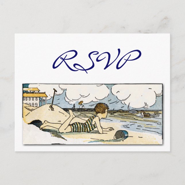Custom RSVP Child on Beach Vintage Art Postcard (Front)