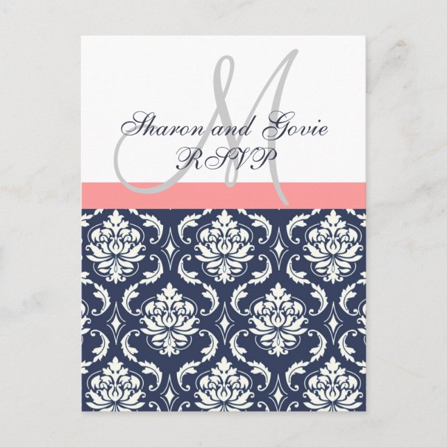 Custom RSVP Navy Damask Wedding Postcard (Front)