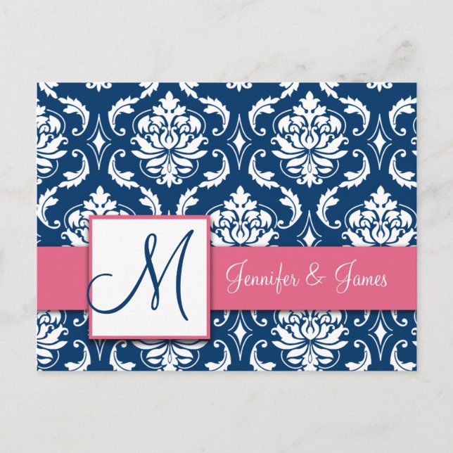 Custom RSVP Pink Navy Damask Wedding Postcard (Front)
