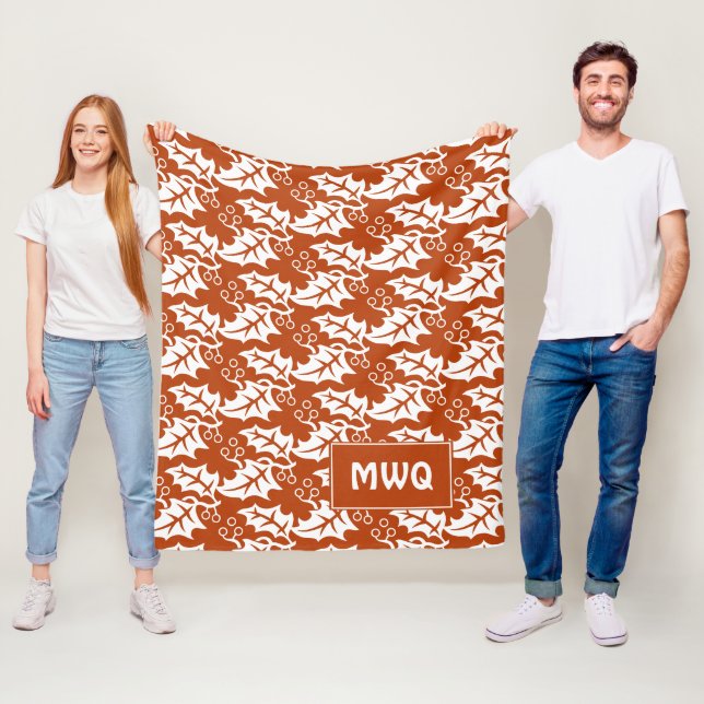Custom Rust Orange White MONOGRAM Fall Leaves Fleece Blanket (In Situ)