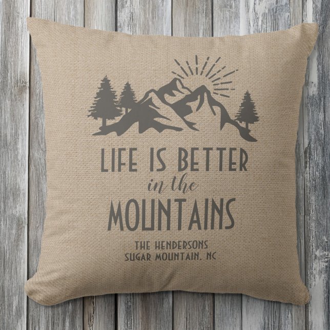  Custom Rustic Better in Mountain Quote Tan Brown  Cushion (Custom Rustic Better in Mountain Quote Tan Brown Throw Pillow)