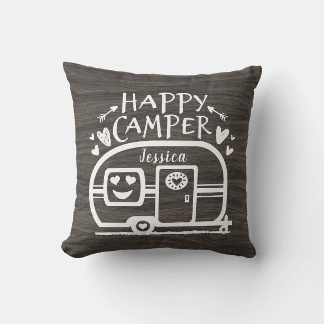 Custom Rustic Camping Happy Camper Dark Rv Cushion (Front)