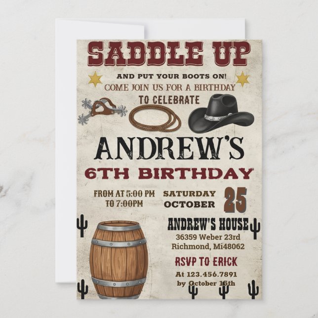 Custom Rustic Cowboy Western Birthday Party Invitation (Front)