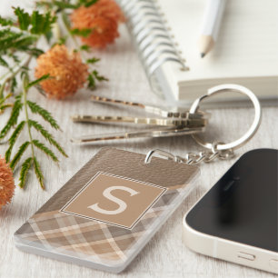 Custom Rustic Dark Brown Tan Beige Plaid Pattern Key Ring