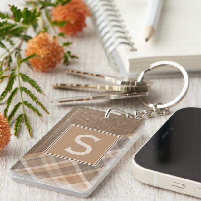 Custom Rustic Dark Brown Tan Beige Plaid Pattern Key Ring (Front Right)