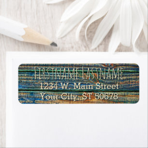 Custom Rustic Dark Brown Teal Blue Wood Grain Return Address Label