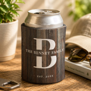 Custom Rustic Family Name Monogram Wood Can Cooler