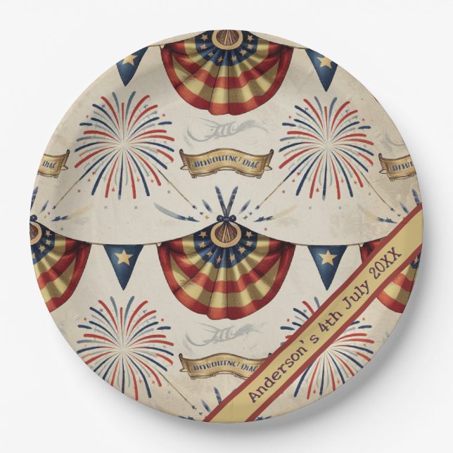 Custom Rustic Flag Fireworks 4th July Paper Plate (Front)