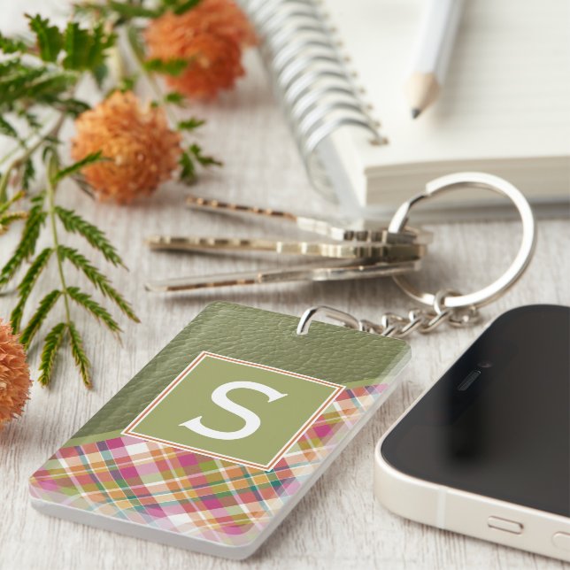 Custom Rustic Green Green Stripe Plaid Pattern Key Ring (Front Right)