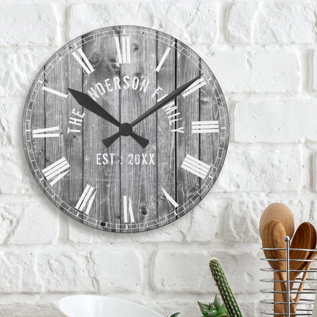Custom Rustic Grey Wood Family Name Farmhouse Round Clock (Creator Uploaded)