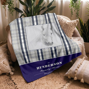 Custom Rustic Horse Family Name Navy Blue Plaid Fleece Blanket