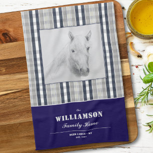 Custom Rustic Horse Family Name Navy Blue Plaid Tea Towel
