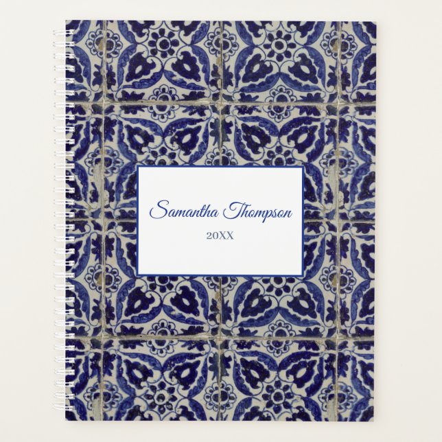 Custom Rustic Italian Azulejo Blue White Geometric Planner (Front)