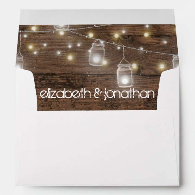 Custom Rustic Mason Jars and String Lights Wedding Envelope (Back (Bottom))
