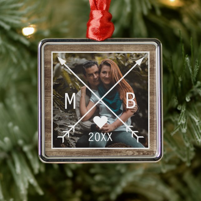 Custom Rustic Monogrammed Love Heart Arrows 2023 Metal Ornament (Tree)