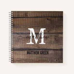 Custom Rustic Monogrammed Wood Pattern Script Name Notebook