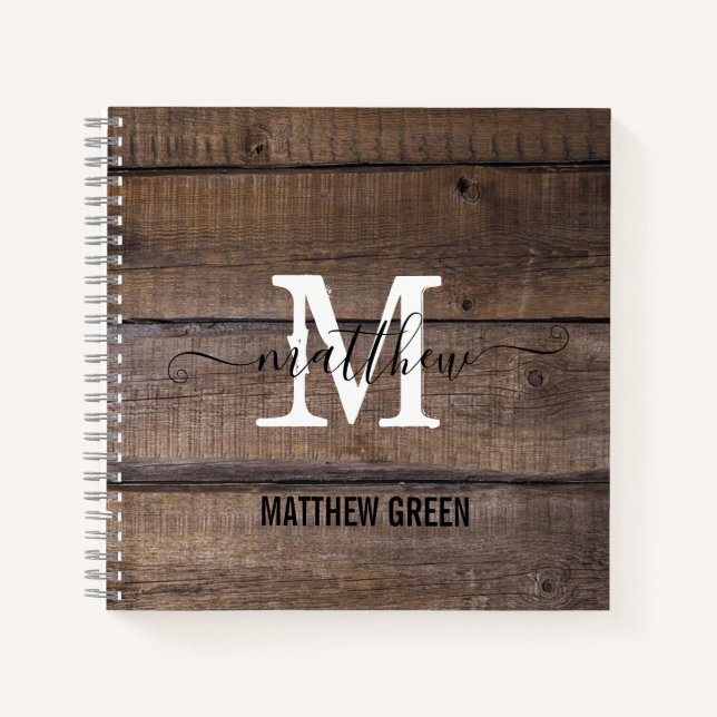 Custom Rustic Monogrammed Wood Pattern Script Name Notebook (Front)