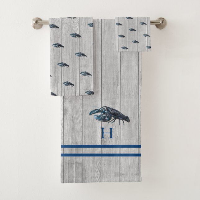 Custom Rustic Nautical Blue Lobster Grey Wood Case Bath Towel Set (Insitu)