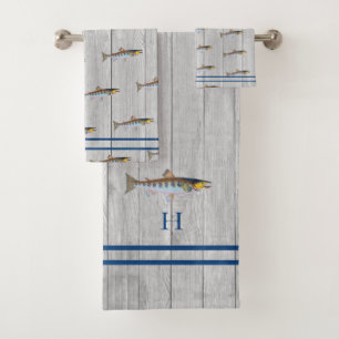 Custom Rustic Nautical Blue Salmon Grey Wood  Bath Towel Set