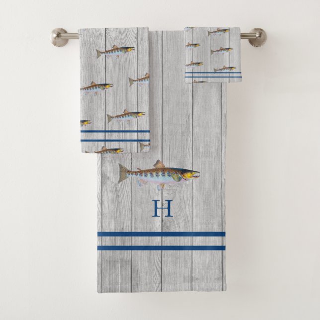 Custom Rustic Nautical Blue Salmon Grey Wood  Bath Towel Set (Insitu)