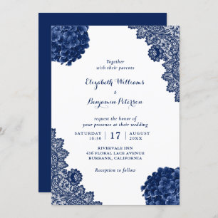 Custom Rustic Navy Blue Hydrangea Floral Wedding Invitation