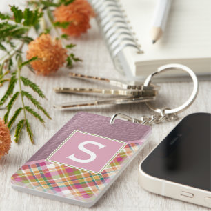 Custom Rustic Pink Green Stripe Plaid Pattern Key Ring