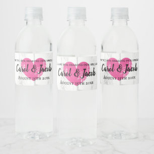 Custom rustic pink heart and white wood panel water bottle label