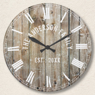 Custom Rustic Planks Wood Family Name Farmhouse Round Clock