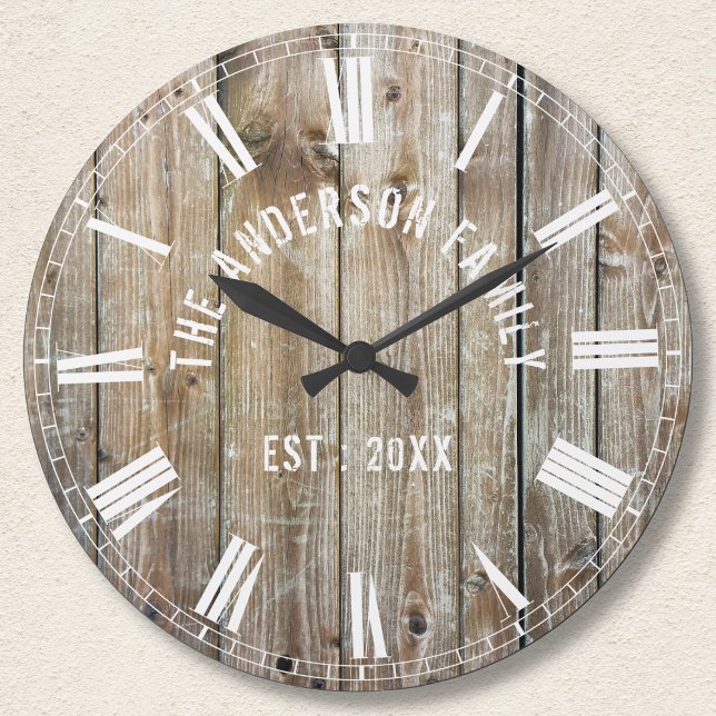 Custom Rustic Planks Wood Family Name Farmhouse Round Clock (Creator Uploaded)