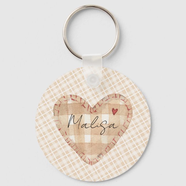 Custom rustic pretty heart Tartarn pattern brown Key Ring (Front)