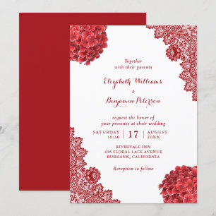 Custom Rustic Red Hydrangea Floral Lace Wedding Invitation