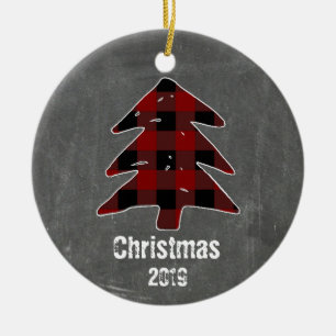 Custom Rustic Red Plaid Tree & Chalkboard Photo Ceramic Ornament
