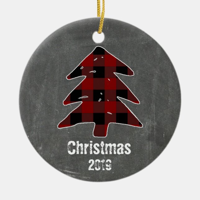 Custom Rustic Red Plaid Tree & Chalkboard Photo Ceramic Ornament (Front)