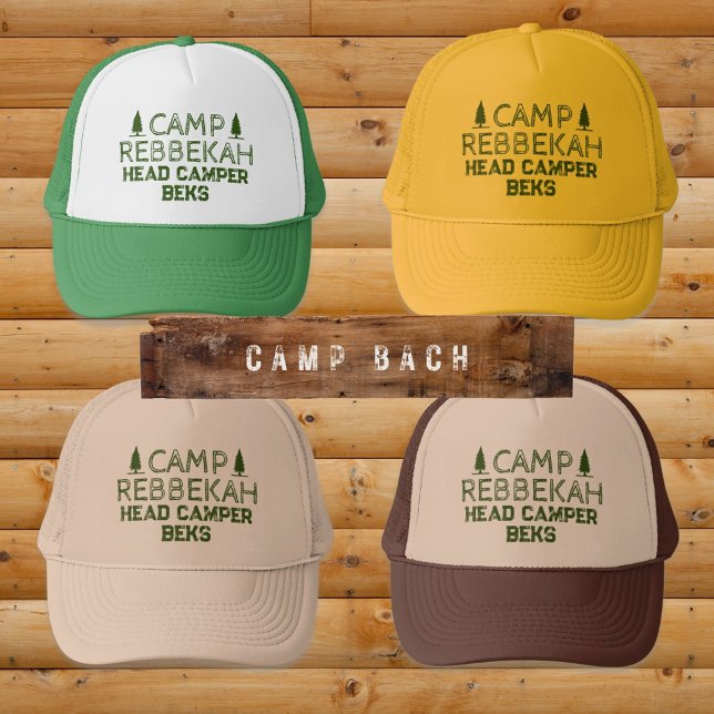 Custom Rustic Retro Camp Bachelorette Green  Trucker Hat (Camp Bach Personalized Trucker Hats with Forest Green)