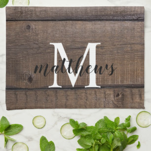 Custom Rustic Script Monogram Name Farmhouse   Tea Towel