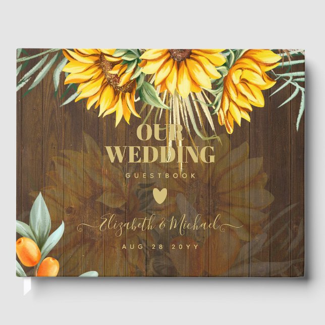 Custom Rustic Sunflowers Pampas Grass Wedding Guest Book (Front)