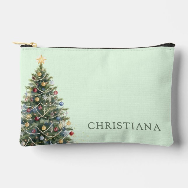 Custom Rustic Watercolor Christmas Tree Holidays Accessory Pouch (Front)