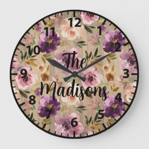 Custom Rustic Wood Flowers Elegant Purple Unique L Large Clock