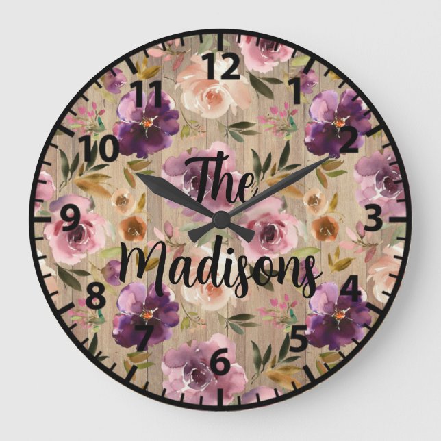 Custom Rustic Wood Flowers Elegant Purple Unique L Large Clock (Front)