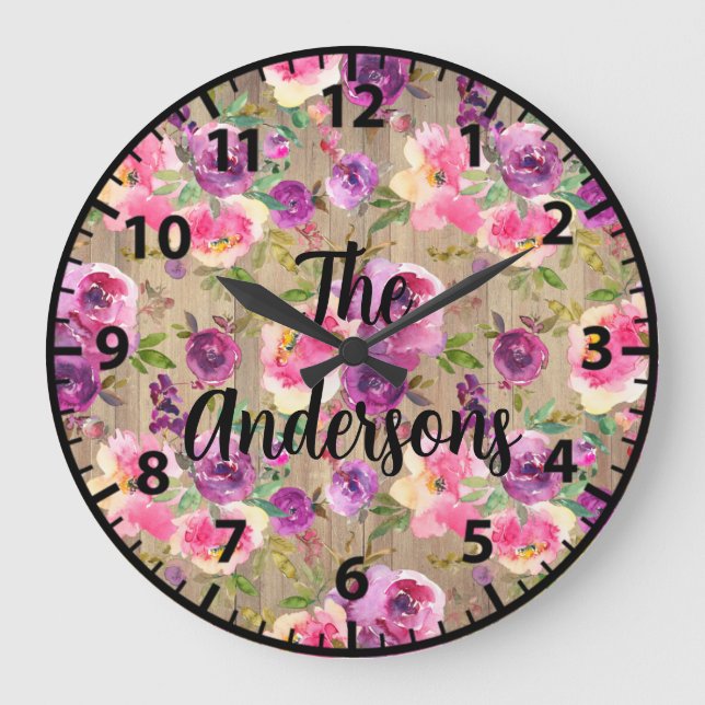 Custom Rustic Wood Flowers Pink and Purple Roses L Large Clock (Front)