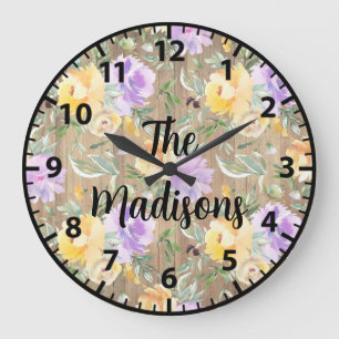 Custom Rustic Wood Flowers Yellow Purple Roses Large Clock