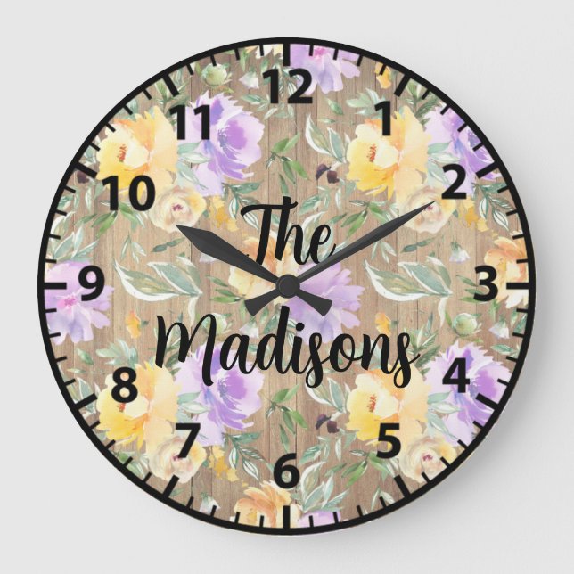 Custom Rustic Wood Flowers Yellow Purple Roses Large Clock (Front)