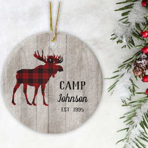 Custom Rustic Wood Plaid Moose Family Camp Ceramic Ornament
