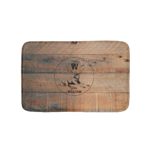 Custom Rustic Wood Texture & Deer Monogram Bath Mat