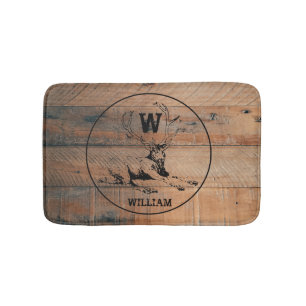 Custom Rustic Wood Texture & Deer Monogram Bath Mat